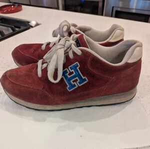 Kids Red Suede Sneakers with Blue Accent